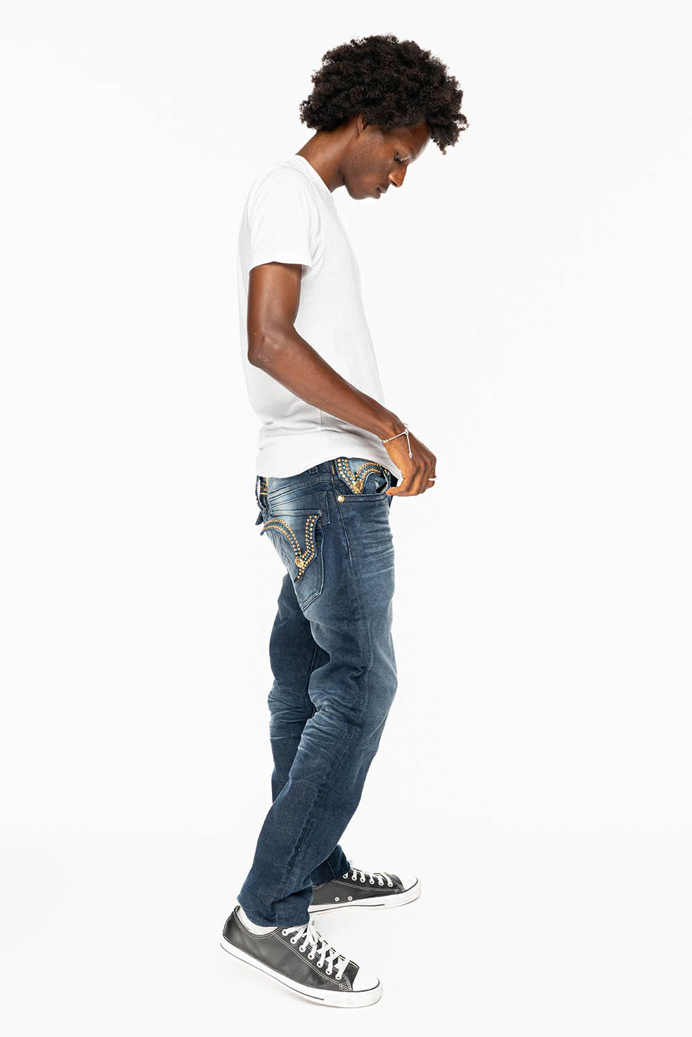 KILLER FLAP MENS SKINNY JEAN IN OMAHA DARK WASH EMBELLISHED WITH AURUM & AQUA MARINE CRYSTALS - Image 8