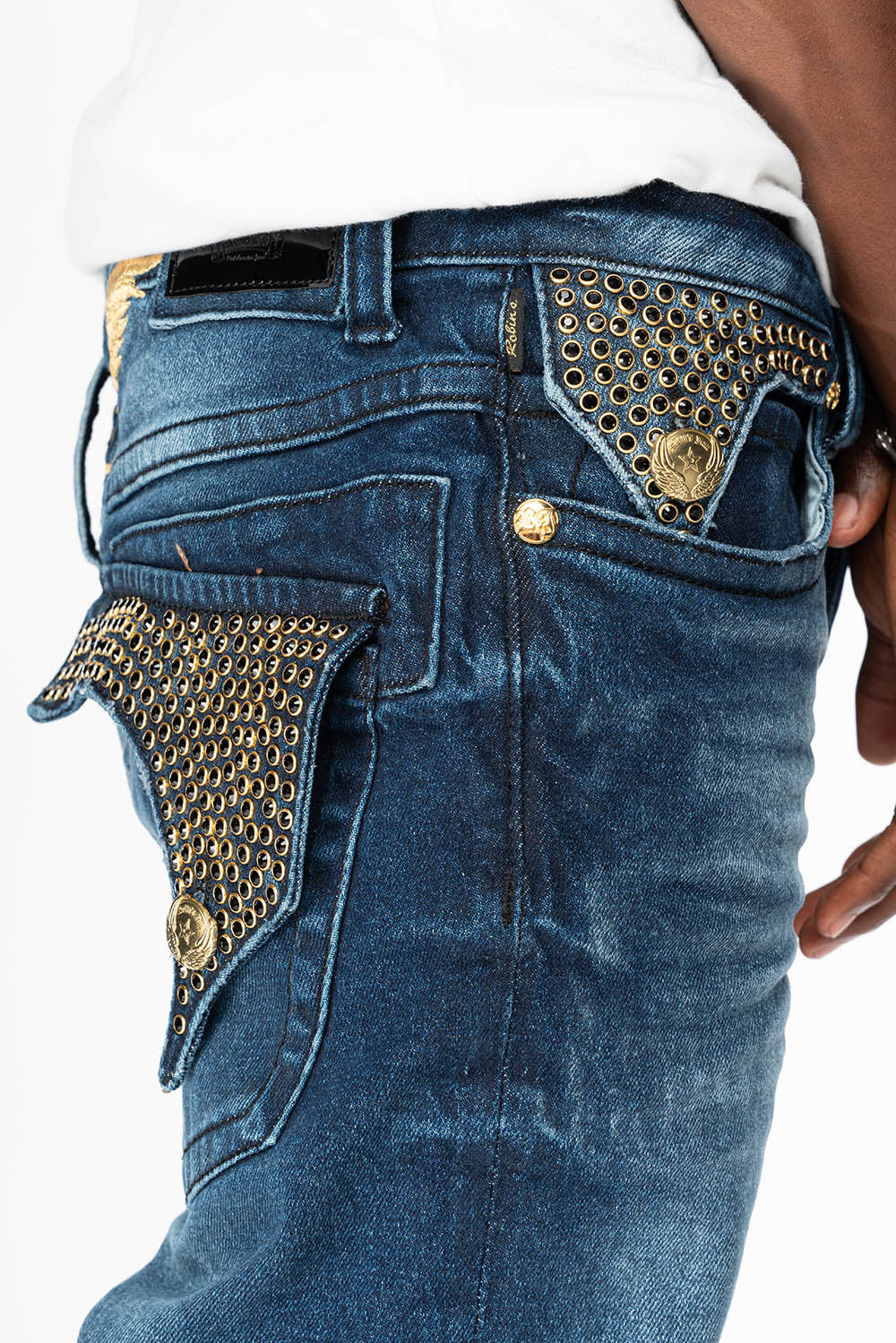 KILLER FLAP MENS SKINNY JEAN IN  OMAHA DARK WASH  FULLY EMBELLISHED WITH JET BLK CRYSTALS - Image 2