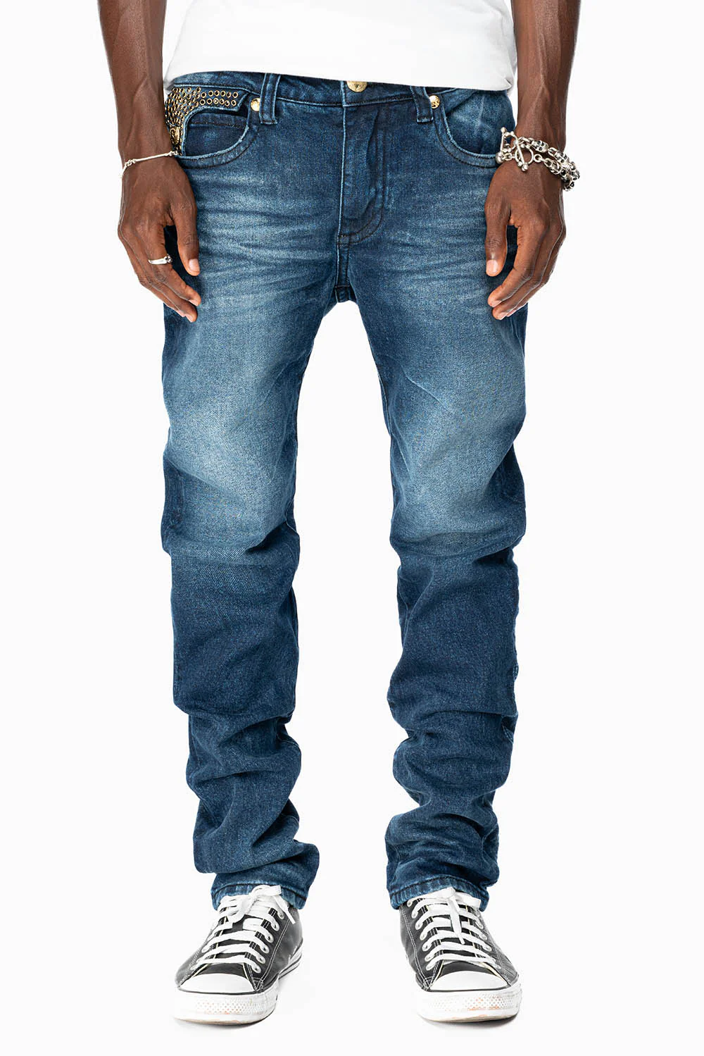 KILLER FLAP MENS SKINNY JEAN IN  OMAHA DARK WASH  FULLY EMBELLISHED WITH JET BLK CRYSTALS - Image 3