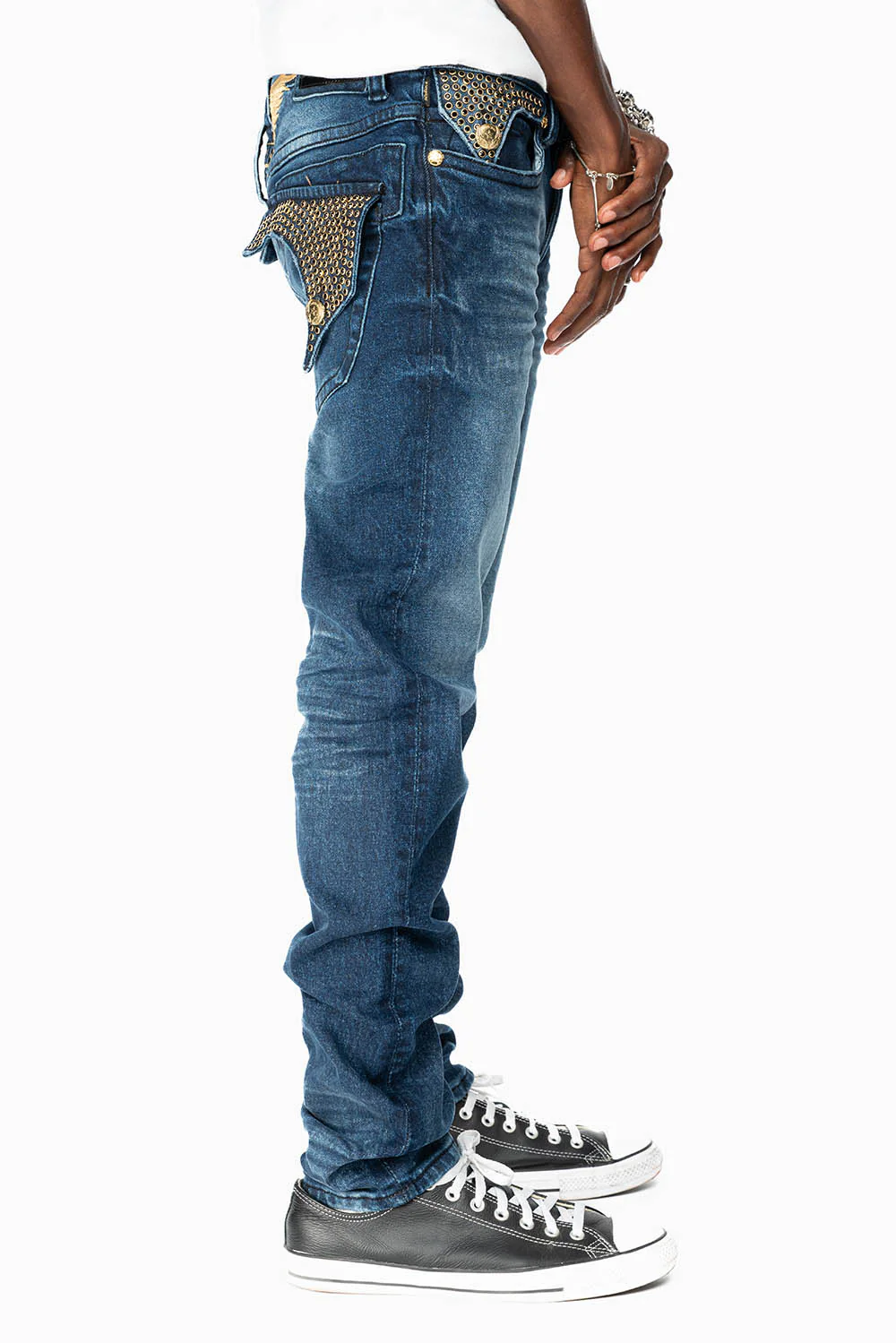 KILLER FLAP MENS SKINNY JEAN IN  OMAHA DARK WASH  FULLY EMBELLISHED WITH JET BLK CRYSTALS - Image 4