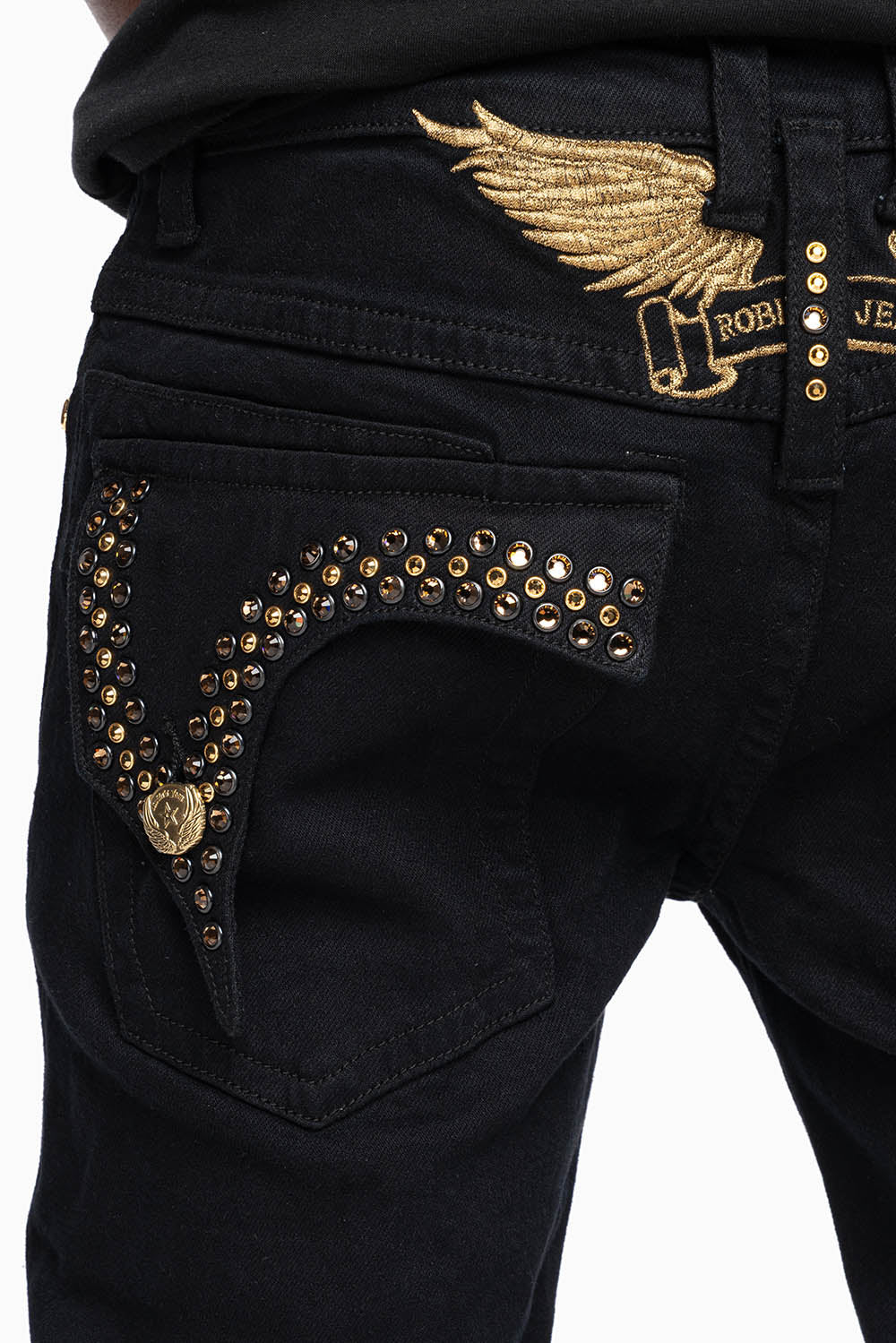 KILLER FLAP MENS SKINNY JEAN IN PURE BLACK WASH EMBELLISHED WITH LARGE SMOKY TOPAZ & AURUM CRYSTALS - Image 2