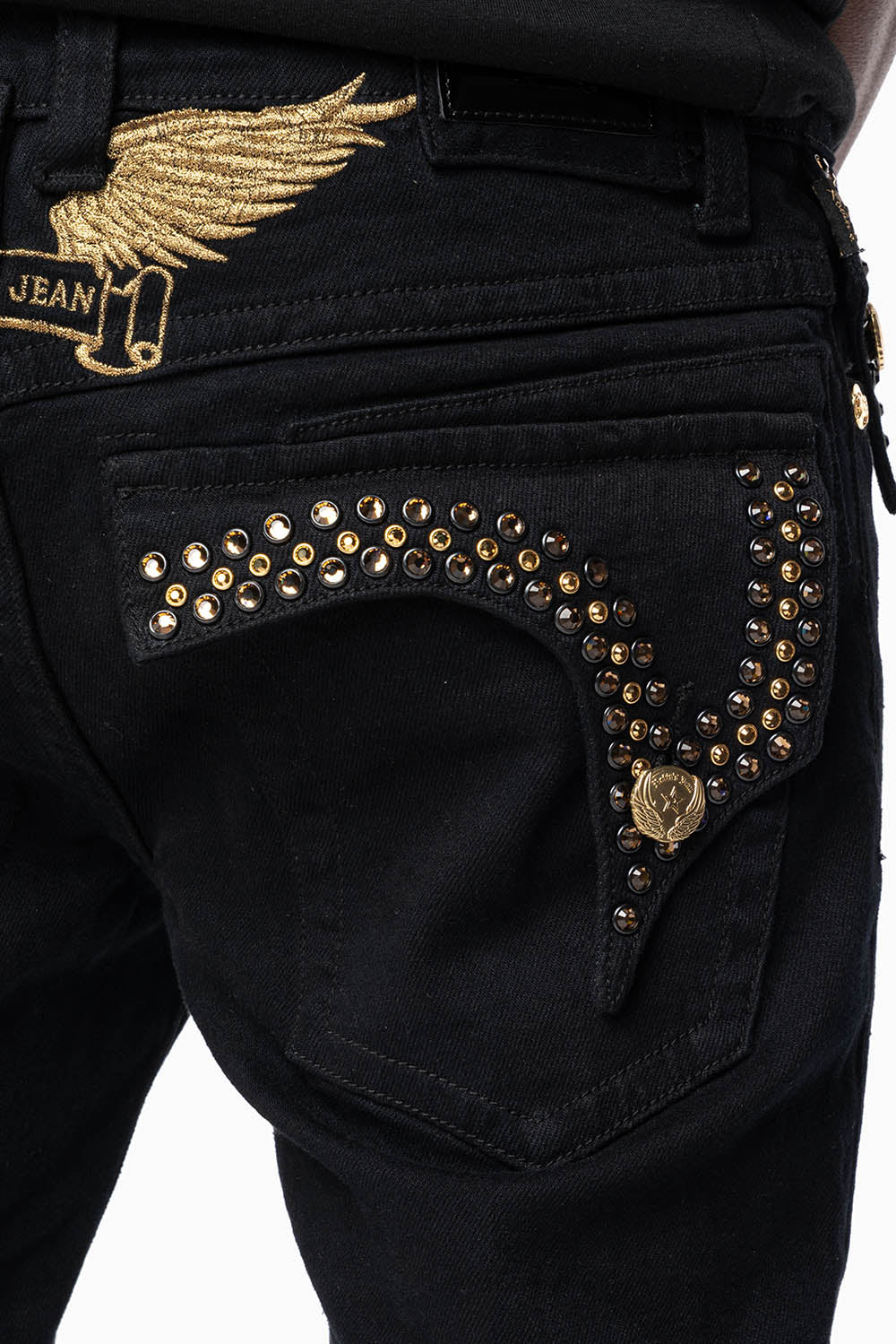 KILLER FLAP MENS SKINNY JEAN IN PURE BLACK WASH EMBELLISHED WITH LARGE SMOKY TOPAZ & AURUM CRYSTALS - Image 3
