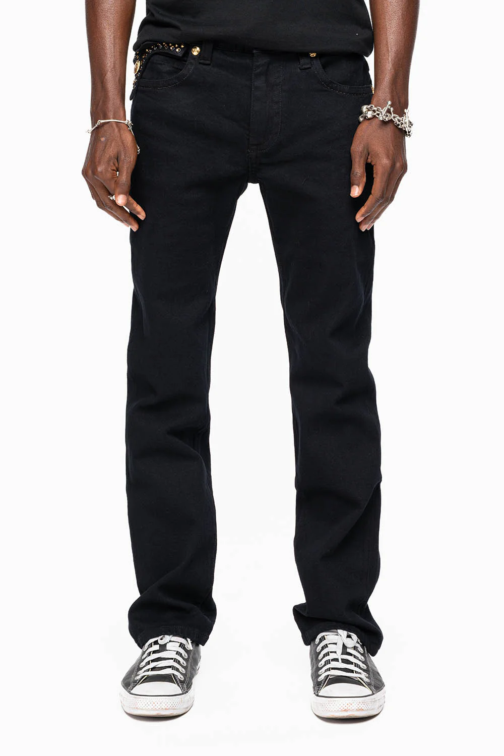 KILLER FLAP MENS SKINNY JEAN IN PURE BLACK WASH EMBELLISHED WITH LARGE SMOKY TOPAZ & AURUM CRYSTALS - Image 4