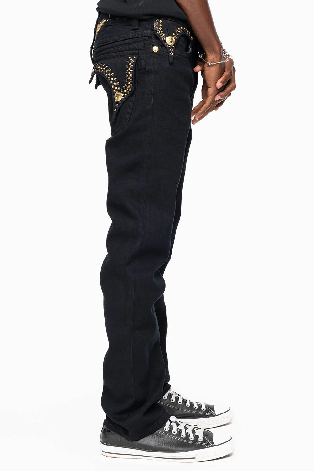KILLER FLAP MENS SKINNY JEAN IN PURE BLACK WASH EMBELLISHED WITH LARGE SMOKY TOPAZ & AURUM CRYSTALS - Image 5