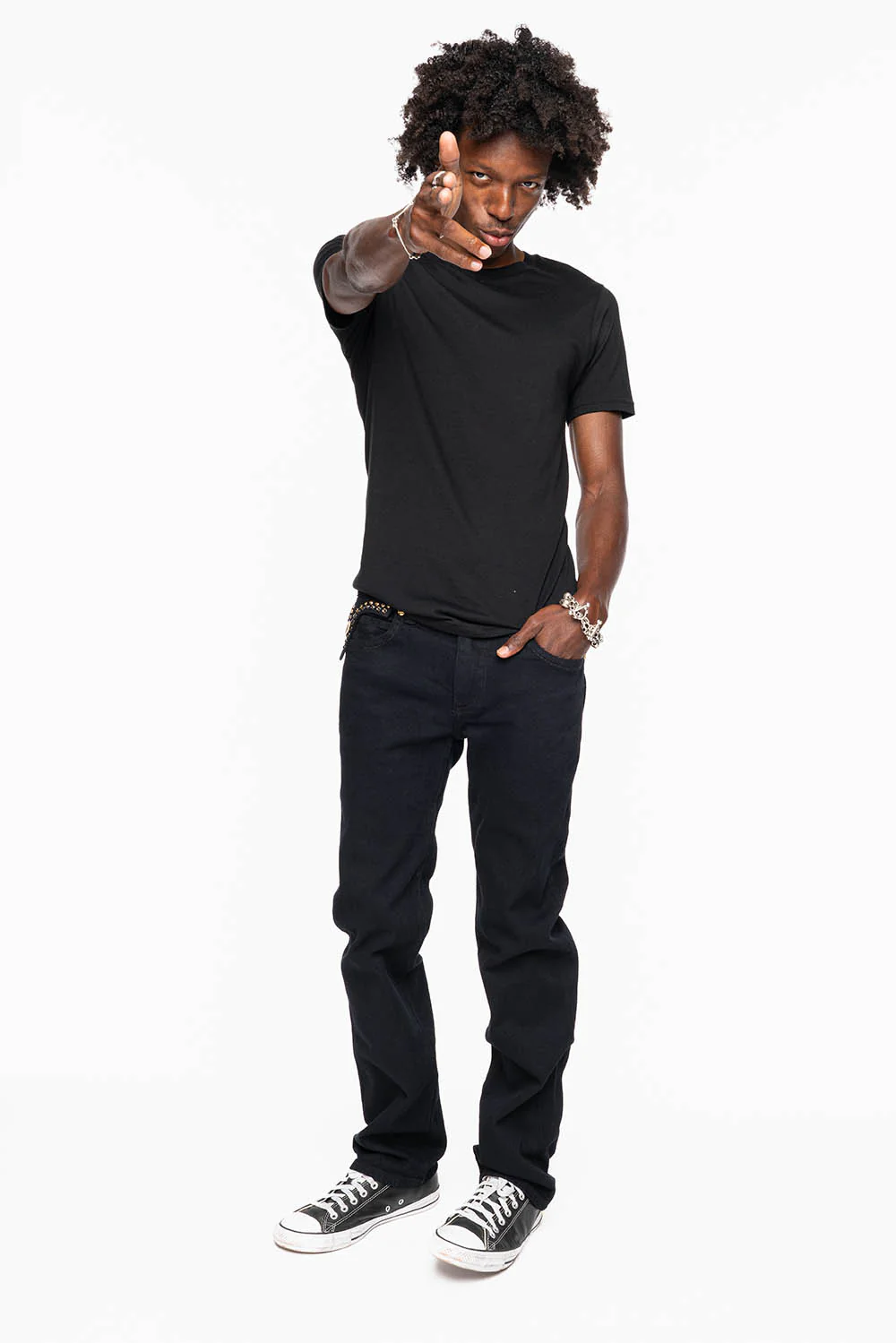 KILLER FLAP MENS SKINNY JEAN IN PURE BLACK WASH EMBELLISHED WITH LARGE SMOKY TOPAZ & AURUM CRYSTALS - Image 6
