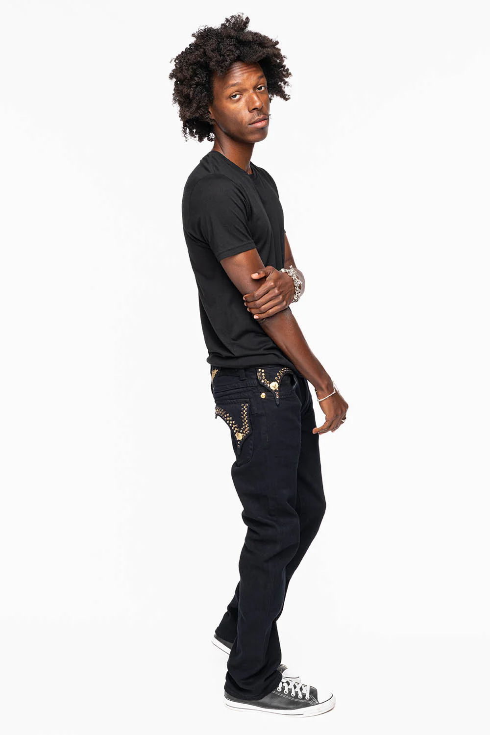 KILLER FLAP MENS SKINNY JEAN IN PURE BLACK WASH EMBELLISHED WITH LARGE SMOKY TOPAZ & AURUM CRYSTALS - Image 7