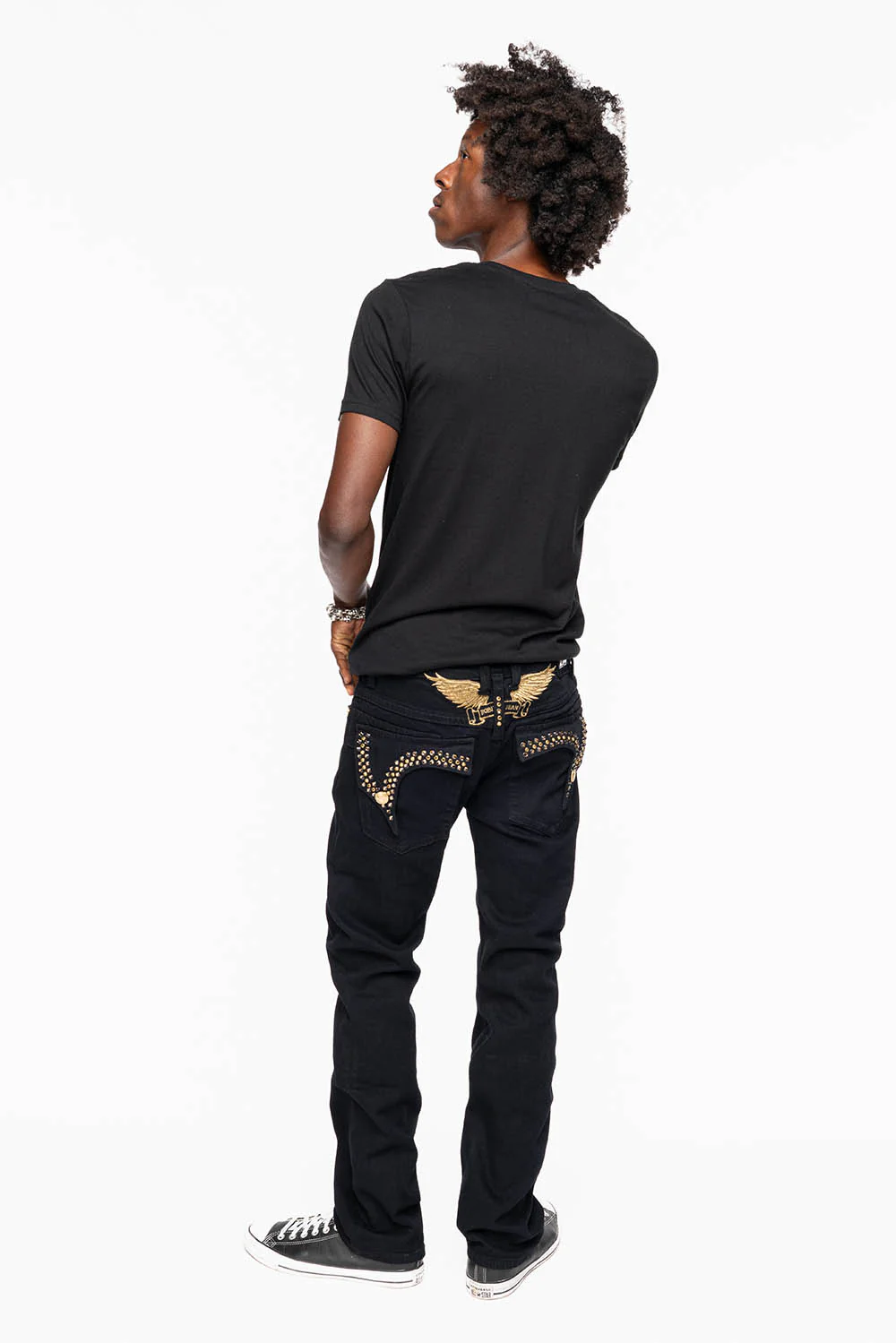 KILLER FLAP MENS SKINNY JEAN IN PURE BLACK WASH EMBELLISHED WITH LARGE SMOKY TOPAZ & AURUM CRYSTALS - Image 8