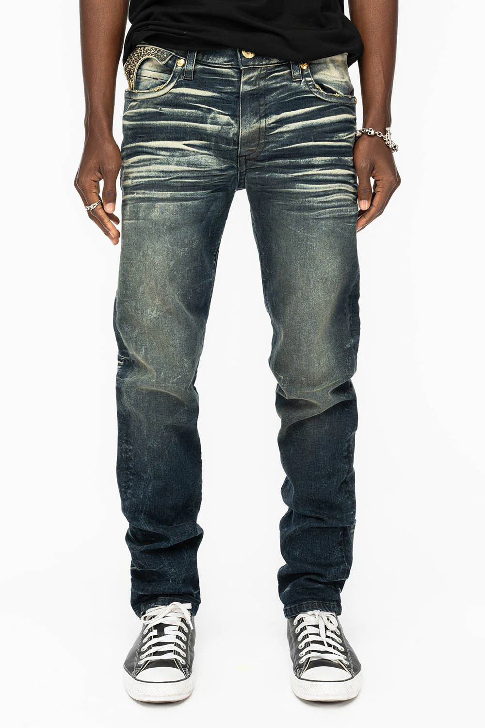 KILLER FLAP MENS SKINNY JEANS IN 4D DARK BLUE WASH WITH GOLD WINGS AND FULL AUROM CRYSTAL - Image 4