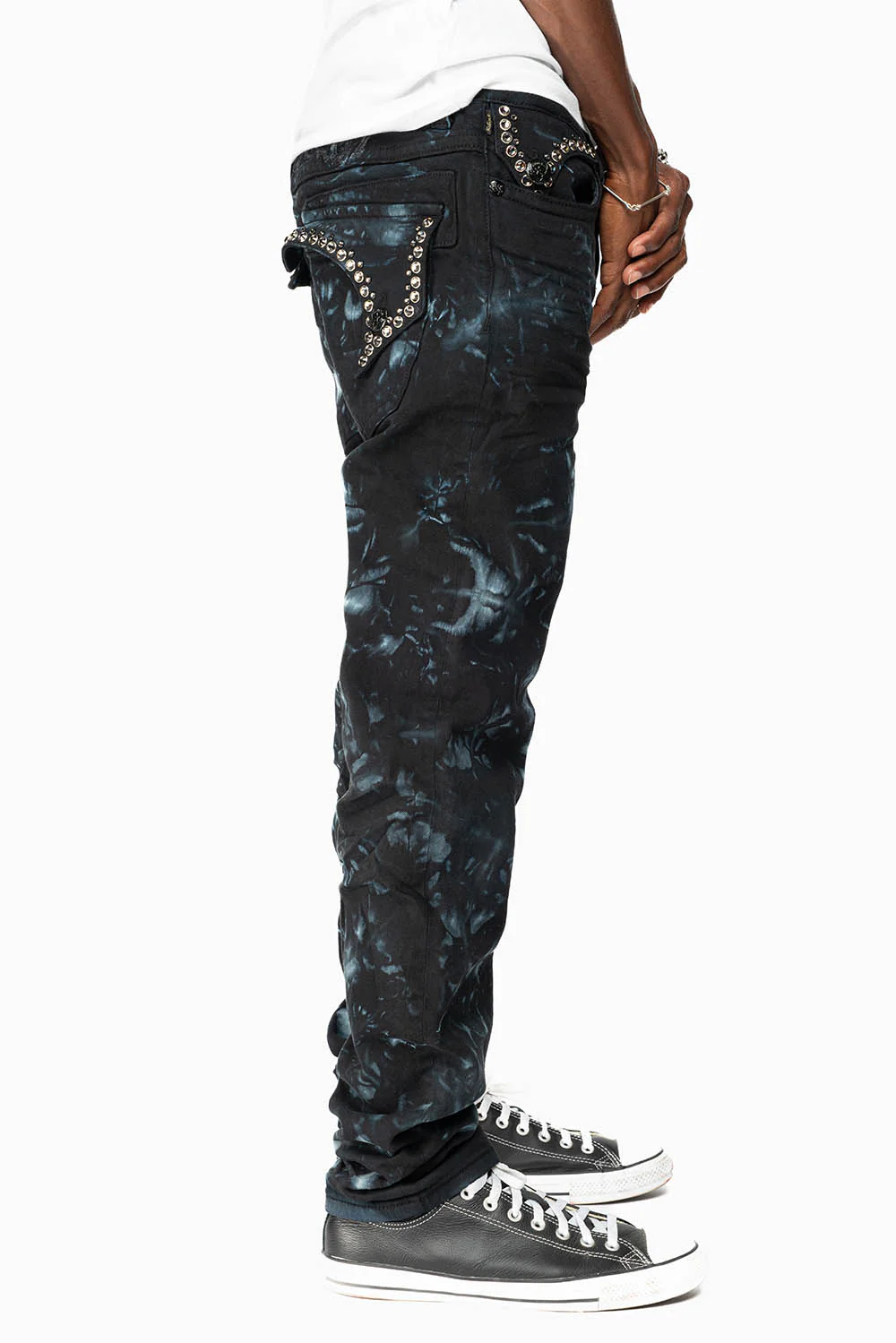 KILLER FLAP SKINNY JEANS IN ASTRO BLUE WITH GOTHIC EMBROIDERY AND CRYSTALS - Image 5
