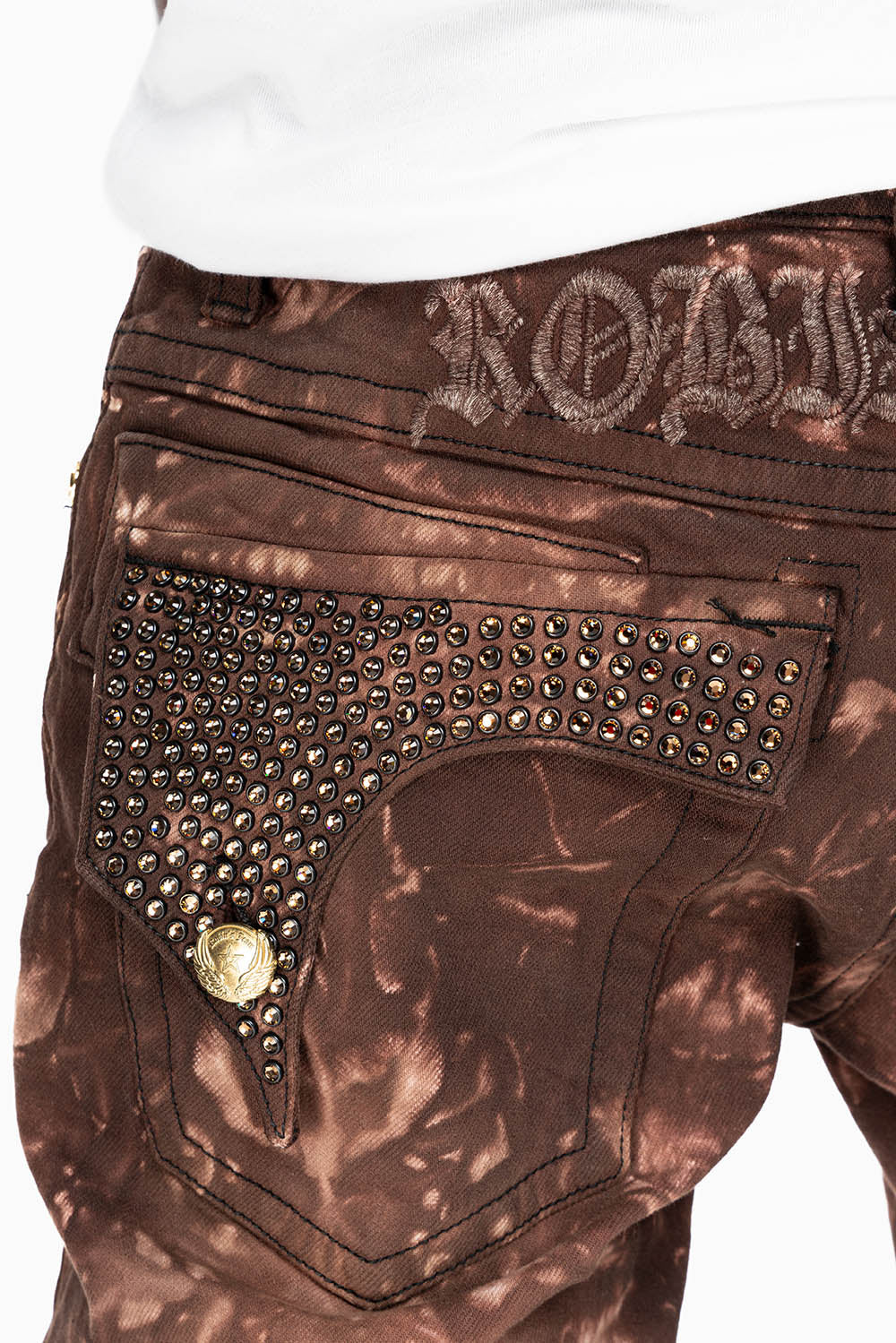 KILLER FLAP MENS SKINNY JEANS IN ASTRO BROWN WITH GOTHIC EMBROIDERY AND CRYSTALS - Image 3