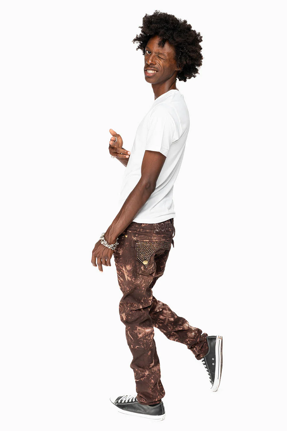 KILLER FLAP MENS SKINNY JEANS IN ASTRO BROWN WITH GOTHIC EMBROIDERY AND CRYSTALS - Image 5