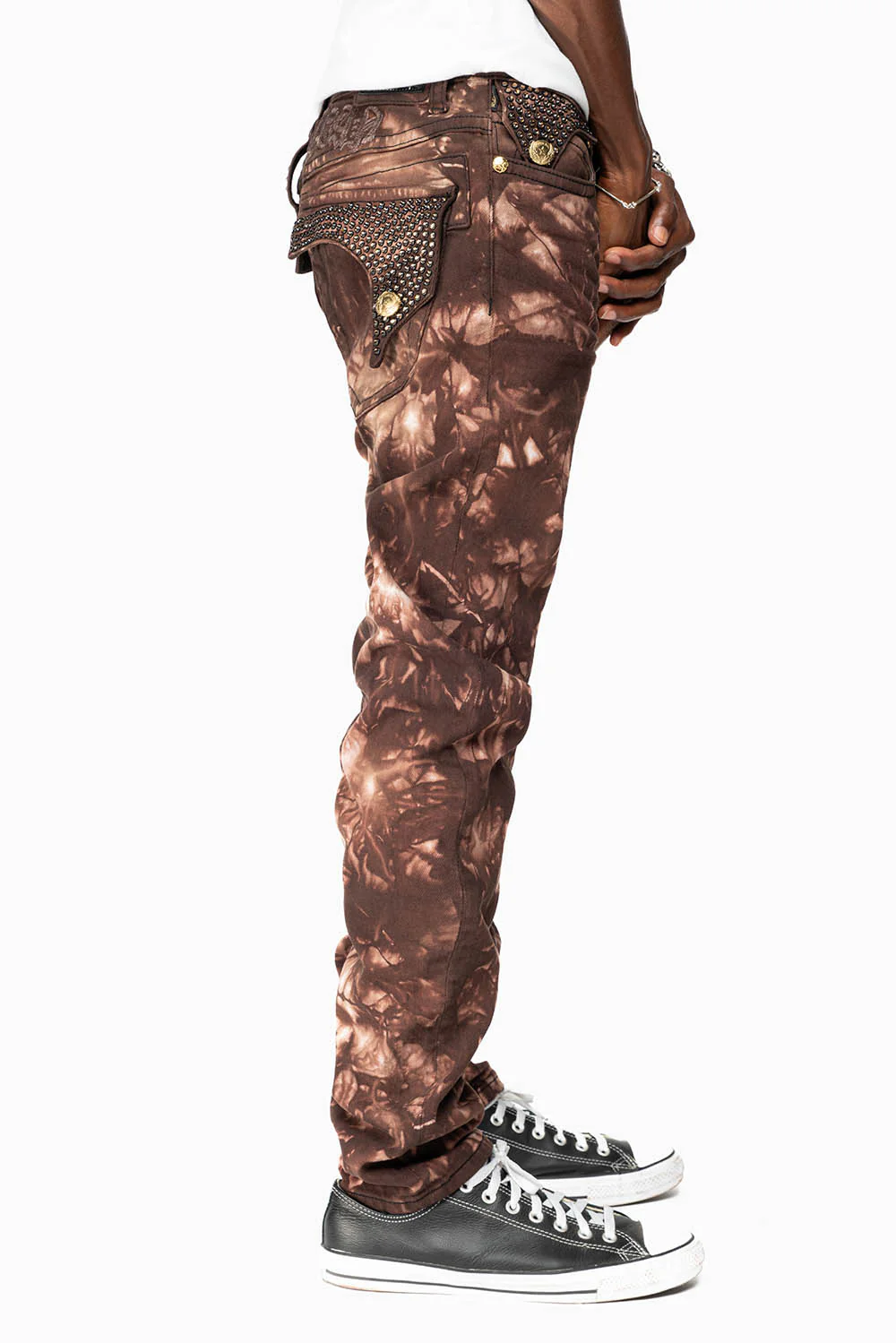 KILLER FLAP MENS SKINNY JEANS IN ASTRO BROWN WITH GOTHIC EMBROIDERY AND CRYSTALS - Image 6