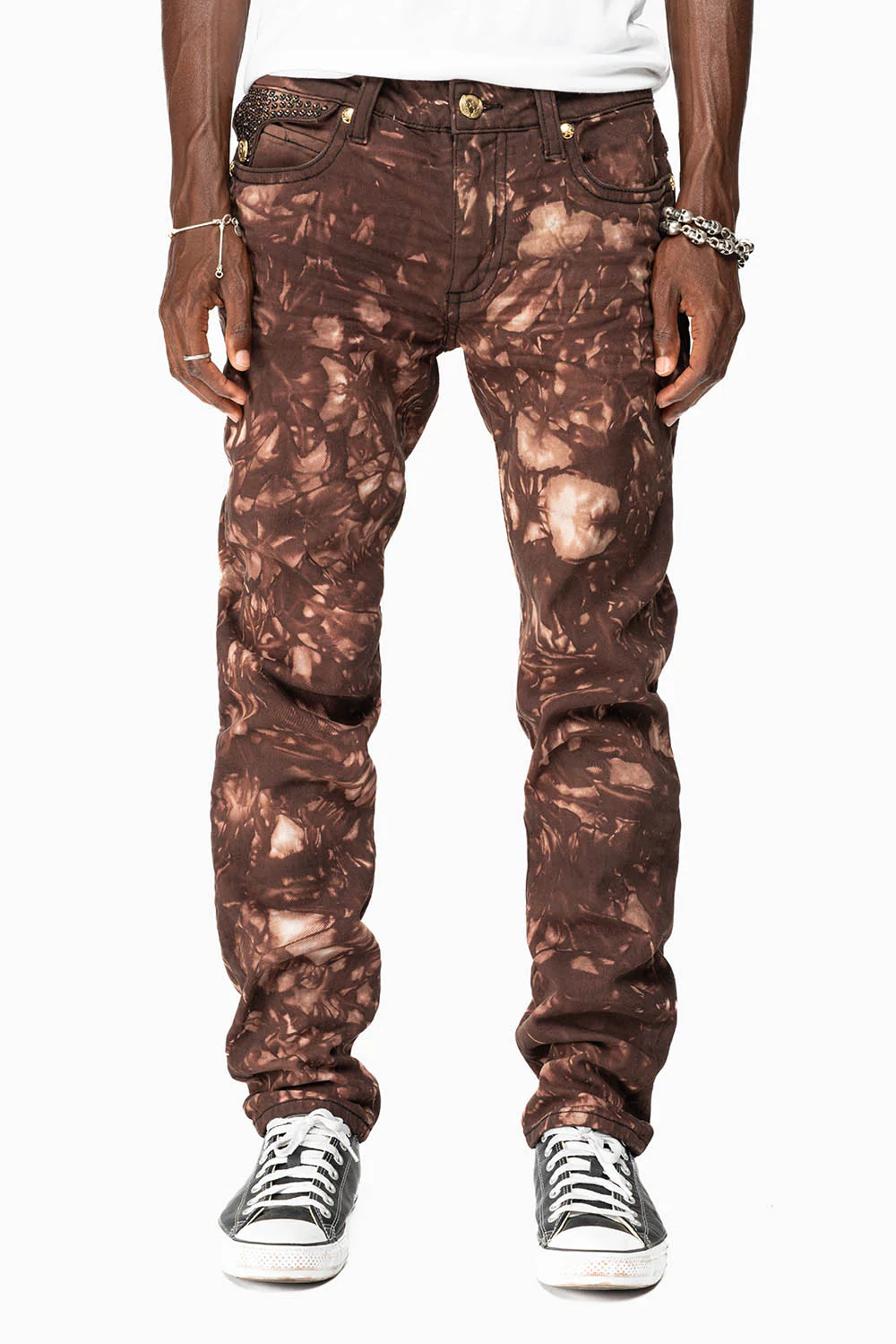 KILLER FLAP MENS SKINNY JEANS IN ASTRO BROWN WITH GOTHIC EMBROIDERY AND CRYSTALS - Image 7