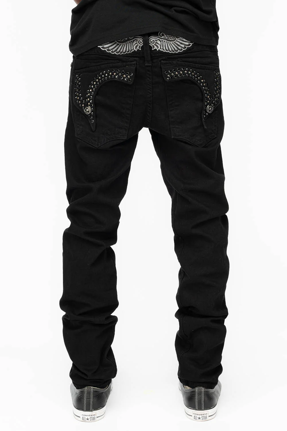 KILLER FLAP MENS SKINNY JEANS IN BLACK COLOR WASH WITH BLACK DIAMOND AND JET BLACK CRYSTALS - Image 3