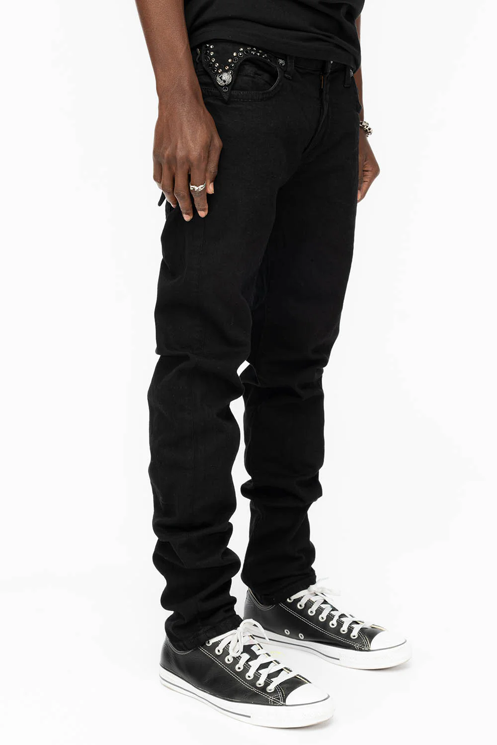 KILLER FLAP MENS SKINNY JEANS IN BLACK COLOR WASH WITH BLACK DIAMOND AND JET BLACK CRYSTALS - Image 4