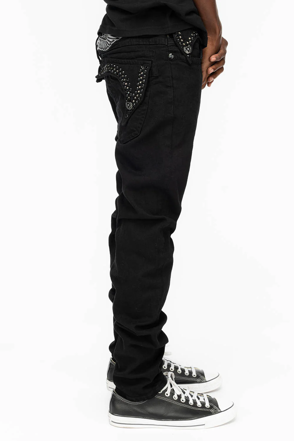 KILLER FLAP MENS SKINNY JEANS IN BLACK COLOR WASH WITH BLACK DIAMOND AND JET BLACK CRYSTALS - Image 5
