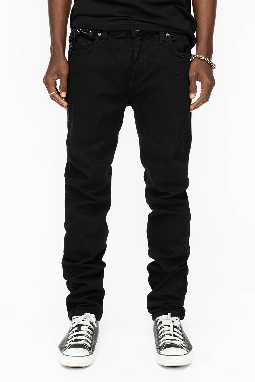 KILLER FLAP MENS SKINNY JEANS IN BLACK COLOR WASH WITH BLACK DIAMOND AND JET BLACK CRYSTALS - Image 6