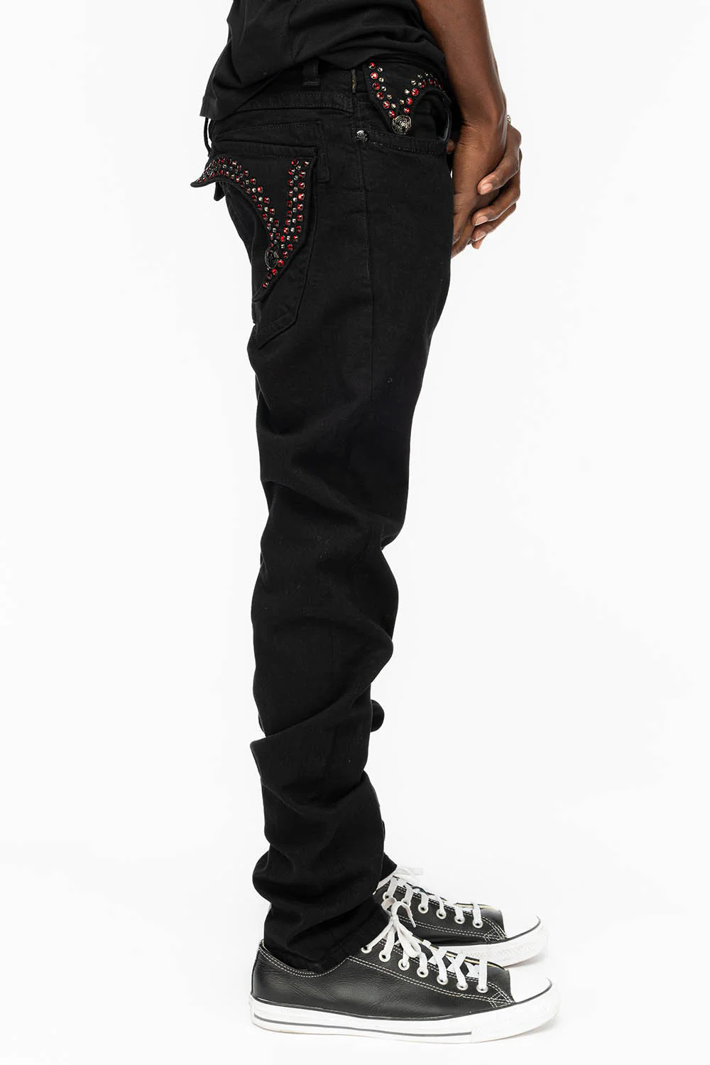 KILLER FLAP MENS SKINNY JEANS IN BLACK COLOR WASH WITH RED AND JET BLACK CRYSTALS - Image 4