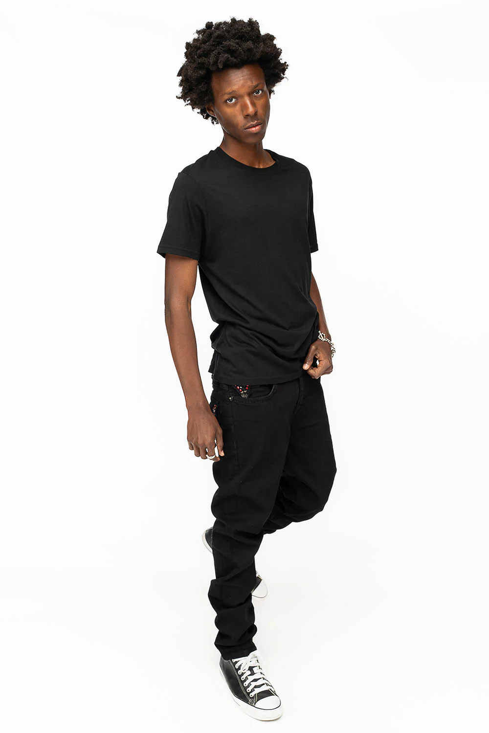 KILLER FLAP MENS SKINNY JEANS IN BLACK COLOR WASH WITH RED AND JET BLACK CRYSTALS - Image 6