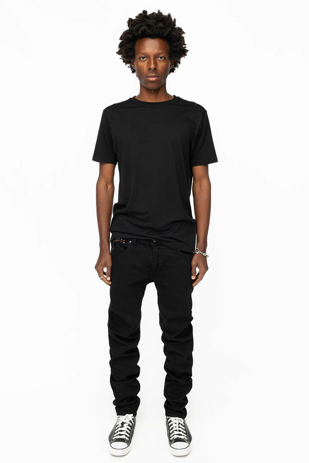 KILLER FLAP MENS SKINNY JEANS IN BLACK COLOR WASH WITH RED AND JET BLACK CRYSTALS - Image 7