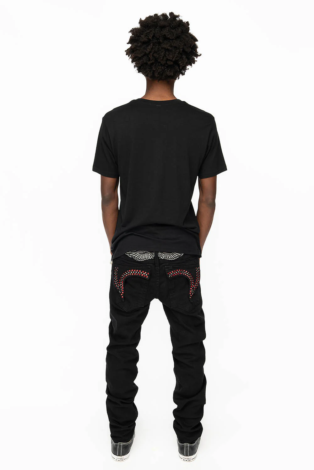 KILLER FLAP MENS SKINNY JEANS IN BLACK COLOR WASH WITH RED AND JET BLACK CRYSTALS - Image 8