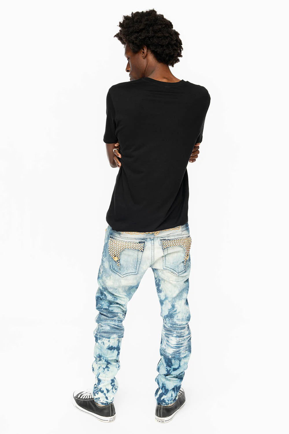 KILLER FLAP MENS SKINNY JEANS IN CLOUD JAPAN  WITH SILVER PYRAMID AND AB CRYSTALS - Image 3