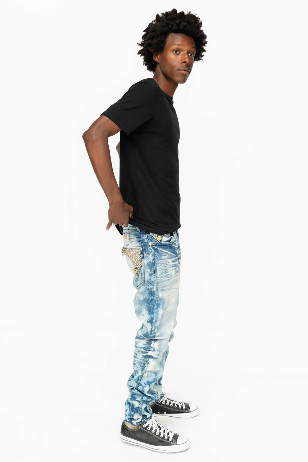 KILLER FLAP MENS SKINNY JEANS IN CLOUD JAPAN  WITH SILVER PYRAMID AND AB CRYSTALS - Image 4