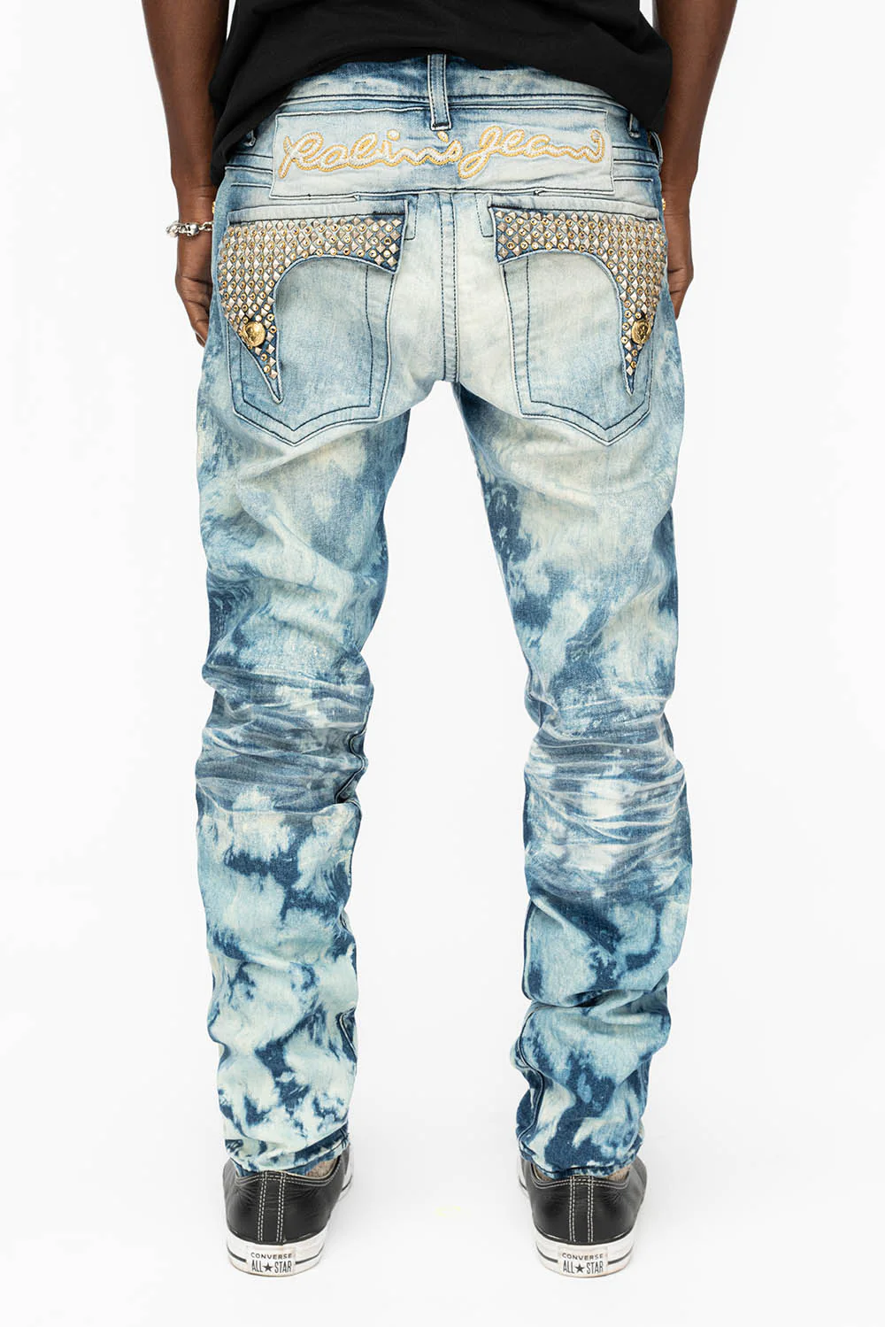 KILLER FLAP MENS SKINNY JEANS IN CLOUD JAPAN  WITH SILVER PYRAMID AND AB CRYSTALS - Image 6