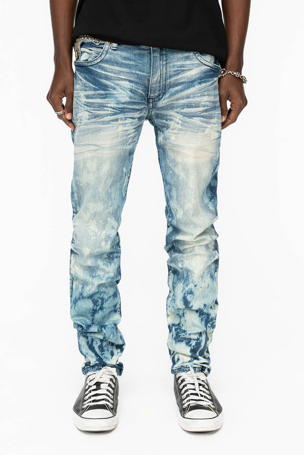 KILLER FLAP MENS SKINNY JEANS IN CLOUD JAPAN  WITH SILVER PYRAMID AND AB CRYSTALS - Image 8