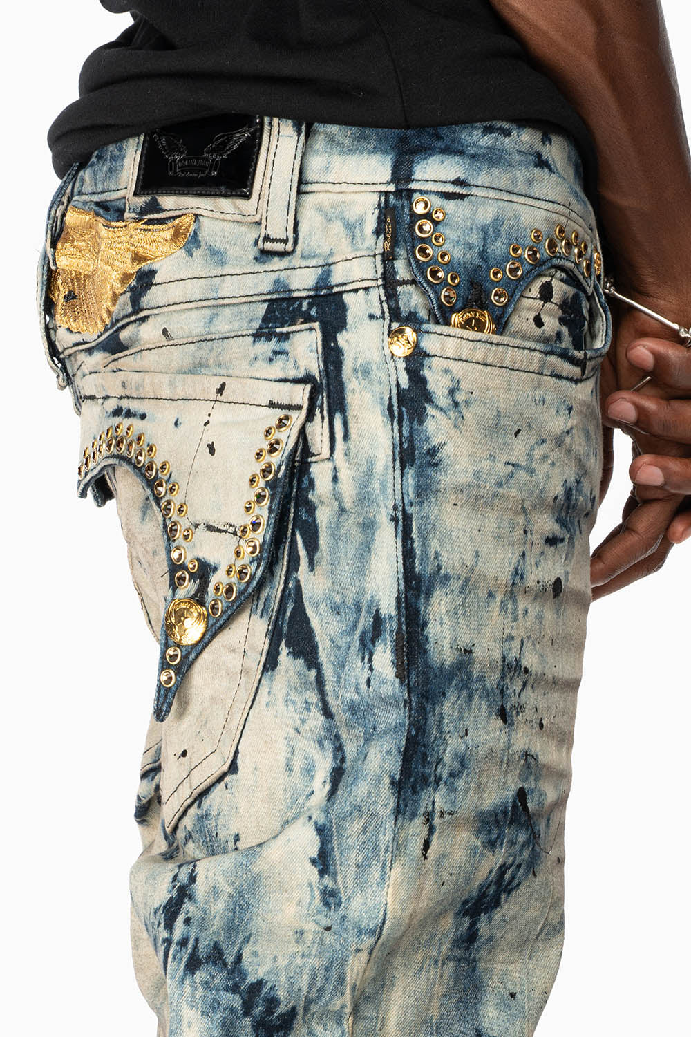 KILLER FLAP MENS SKINNY JEANS IN FROZEN WASH WITH EMBELLISHED SMOKY TOPAZ CRYSTALS - Image 3