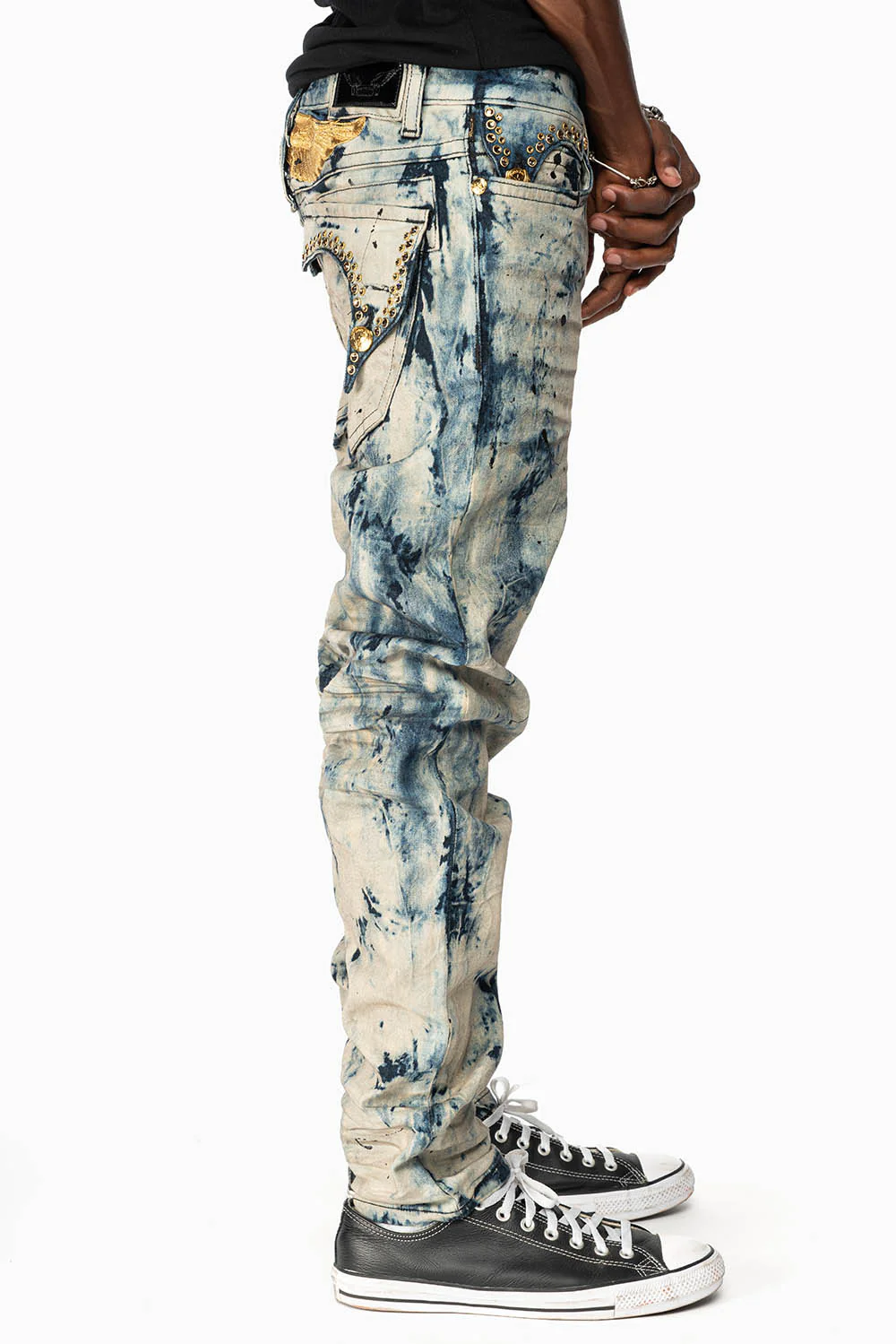 KILLER FLAP MENS SKINNY JEANS IN FROZEN WASH WITH EMBELLISHED SMOKY TOPAZ CRYSTALS - Image 4
