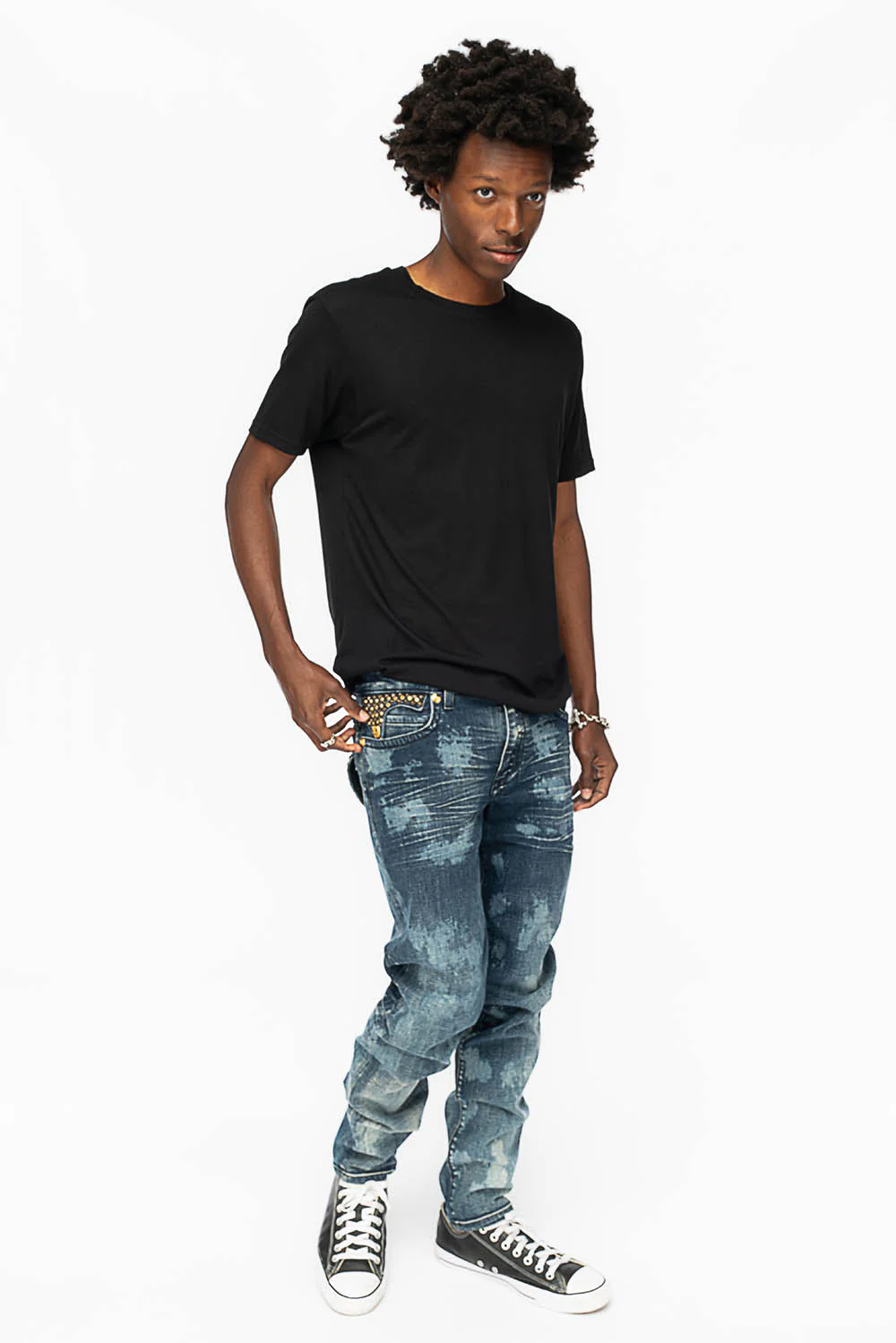 KILLER FLAP MENS SKINNY JEANS IN NEW JAPAN MEDIUM WASH WITH ANTIQUE BRASS PYRAMID STUDS AND AURUM CRYSTALS - Image 3