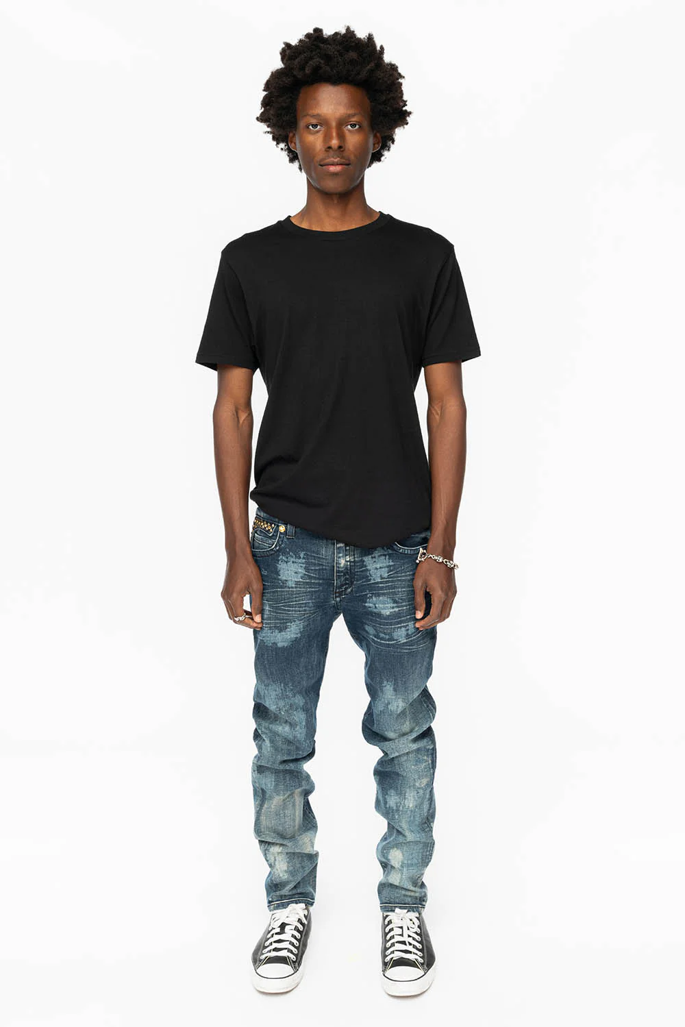 KILLER FLAP MENS SKINNY JEANS IN NEW JAPAN MEDIUM WASH WITH ANTIQUE BRASS PYRAMID STUDS AND AURUM CRYSTALS - Image 4