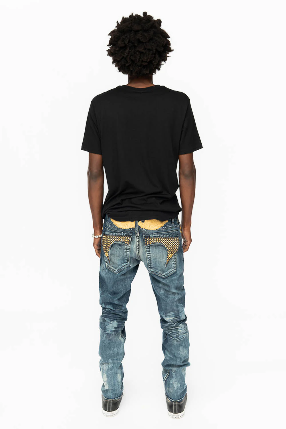 KILLER FLAP MENS SKINNY JEANS IN NEW JAPAN MEDIUM WASH WITH ANTIQUE BRASS PYRAMID STUDS AND AURUM CRYSTALS - Image 5