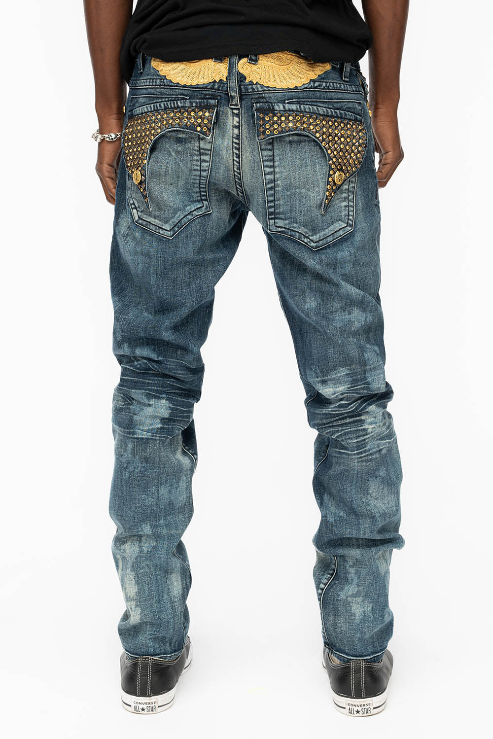 KILLER FLAP MENS SKINNY JEANS IN NEW JAPAN MEDIUM WASH WITH ANTIQUE BRASS PYRAMID STUDS AND AURUM CRYSTALS - Image 6