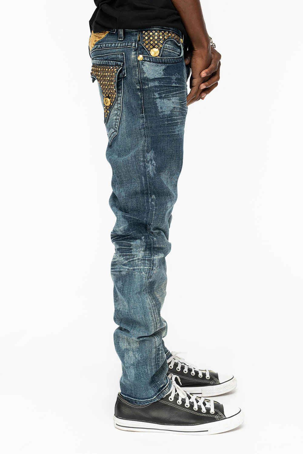 KILLER FLAP MENS SKINNY JEANS IN NEW JAPAN MEDIUM WASH WITH ANTIQUE BRASS PYRAMID STUDS AND AURUM CRYSTALS - Image 7