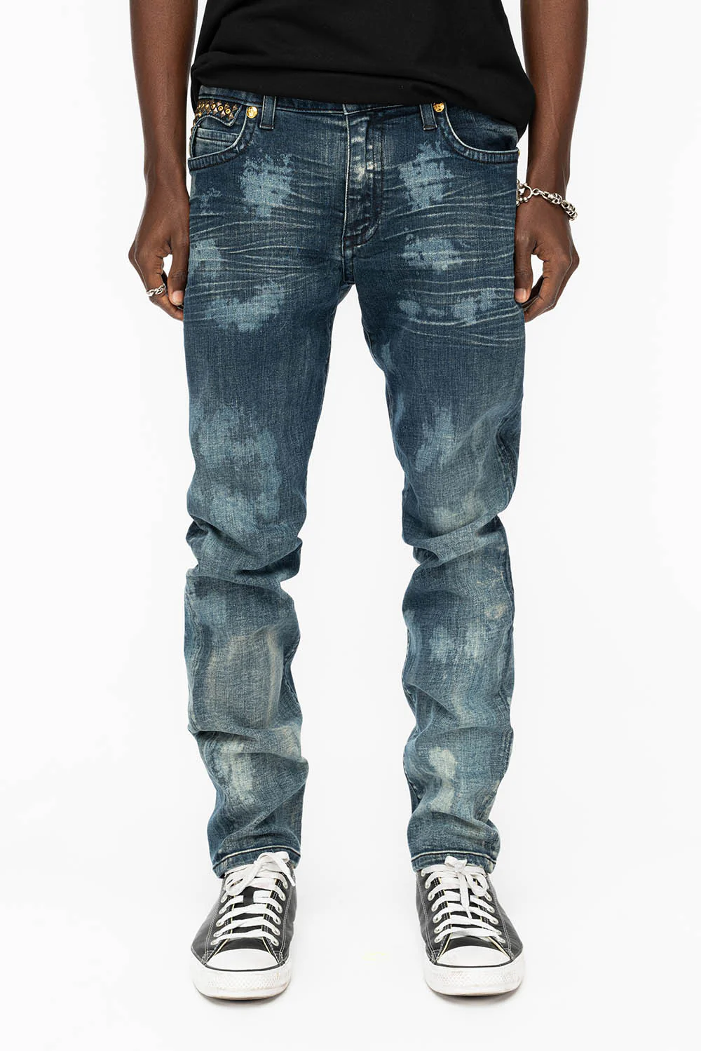 KILLER FLAP MENS SKINNY JEANS IN NEW JAPAN MEDIUM WASH WITH ANTIQUE BRASS PYRAMID STUDS AND AURUM CRYSTALS - Image 8