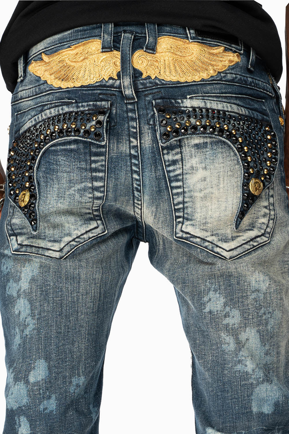 KILLER FLAP MENS SKINNY JEANS IN NEW JAPAN MEDIUM WASH  WITH GOLD WINGS EMBELLISHED WITH CRYSTALS - Image 3