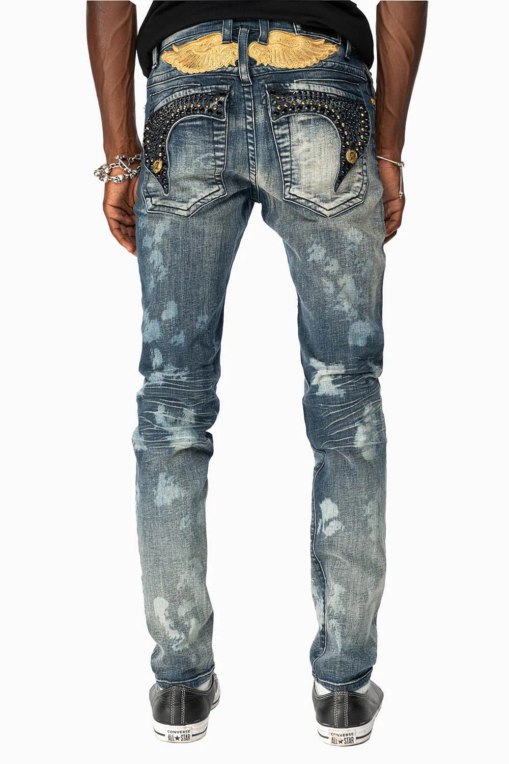 KILLER FLAP MENS SKINNY JEANS IN NEW JAPAN MEDIUM WASH  WITH GOLD WINGS EMBELLISHED WITH CRYSTALS - Image 4