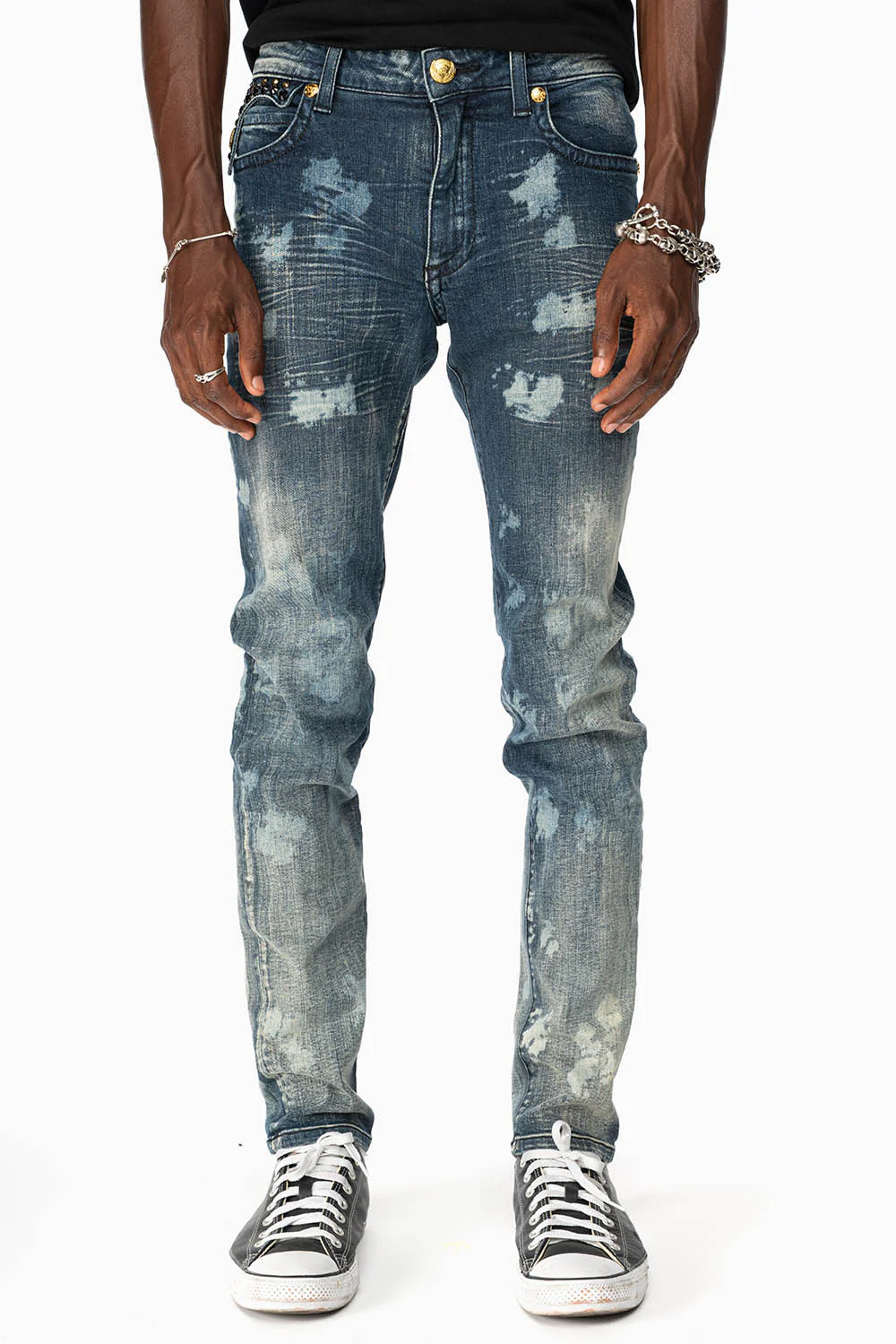 KILLER FLAP MENS SKINNY JEANS IN NEW JAPAN MEDIUM WASH  WITH GOLD WINGS EMBELLISHED WITH CRYSTALS - Image 5