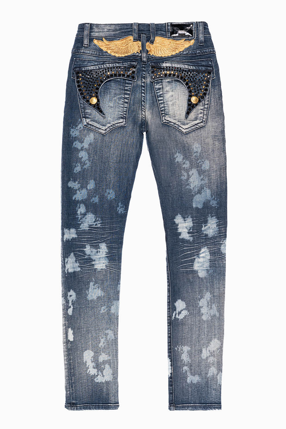 KILLER FLAP MENS SKINNY JEANS IN NEW JAPAN MEDIUM WASH  WITH GOLD WINGS EMBELLISHED WITH CRYSTALS - Image 6