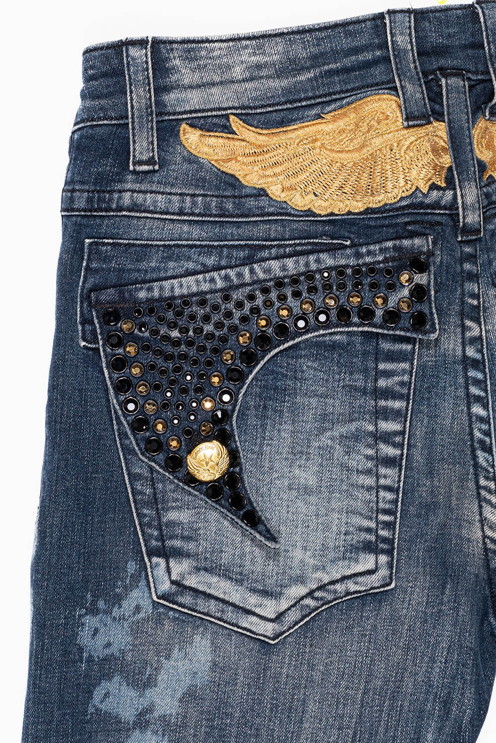 KILLER FLAP MENS SKINNY JEANS IN NEW JAPAN MEDIUM WASH  WITH GOLD WINGS EMBELLISHED WITH CRYSTALS - Image 8