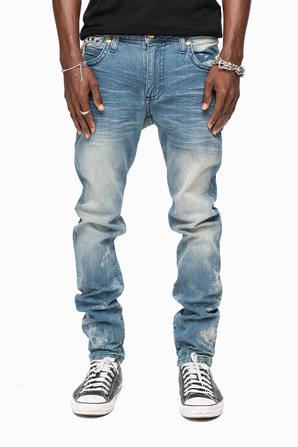 KILLER FLAP MENS SKINNY JEANS IN ODESSA VINTAGE MEDIUM WASH WITH MONTANA CRYSTALS - Image 4