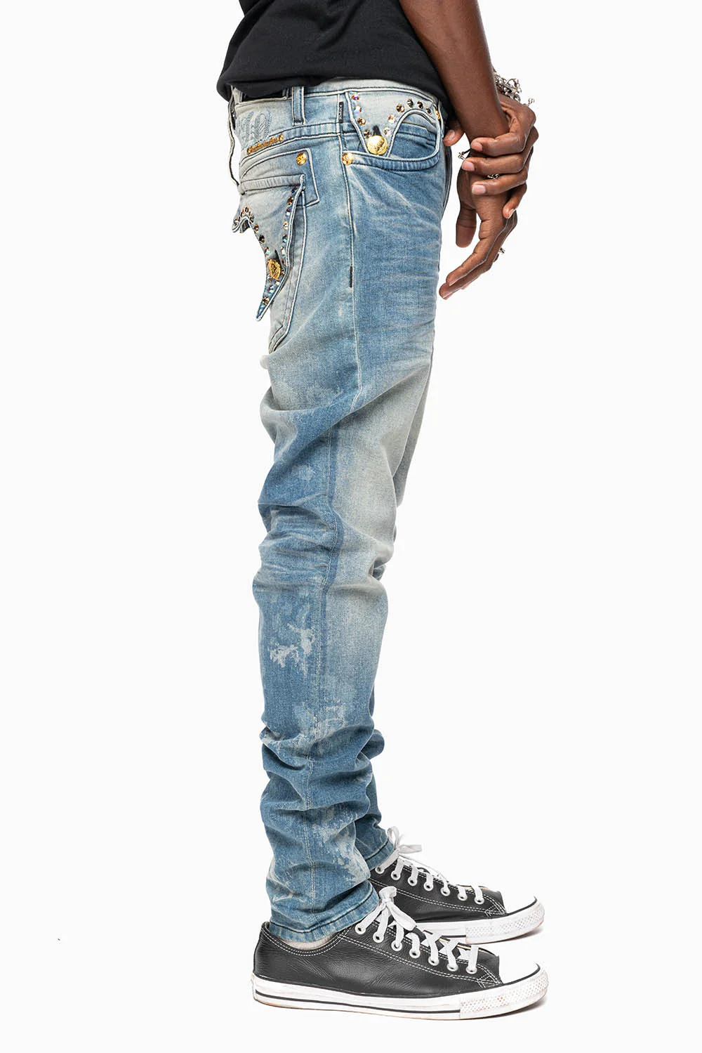 KILLER FLAP MENS SKINNY JEANS IN ODESSA VINTAGE MEDIUM WASH WITH MONTANA CRYSTALS - Image 5
