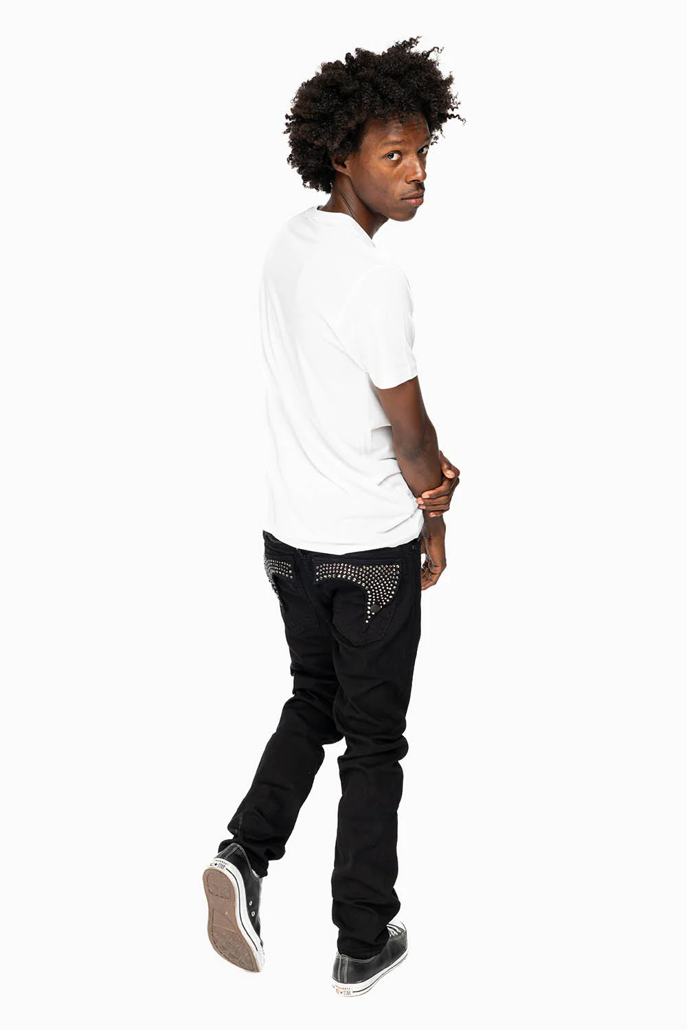 KILLER FLAP MENS SKINNY JEANS IN PURE BLACK FULLY EMBELLISHED WITH BLK DIAMOND CRYSTALS - Image 3