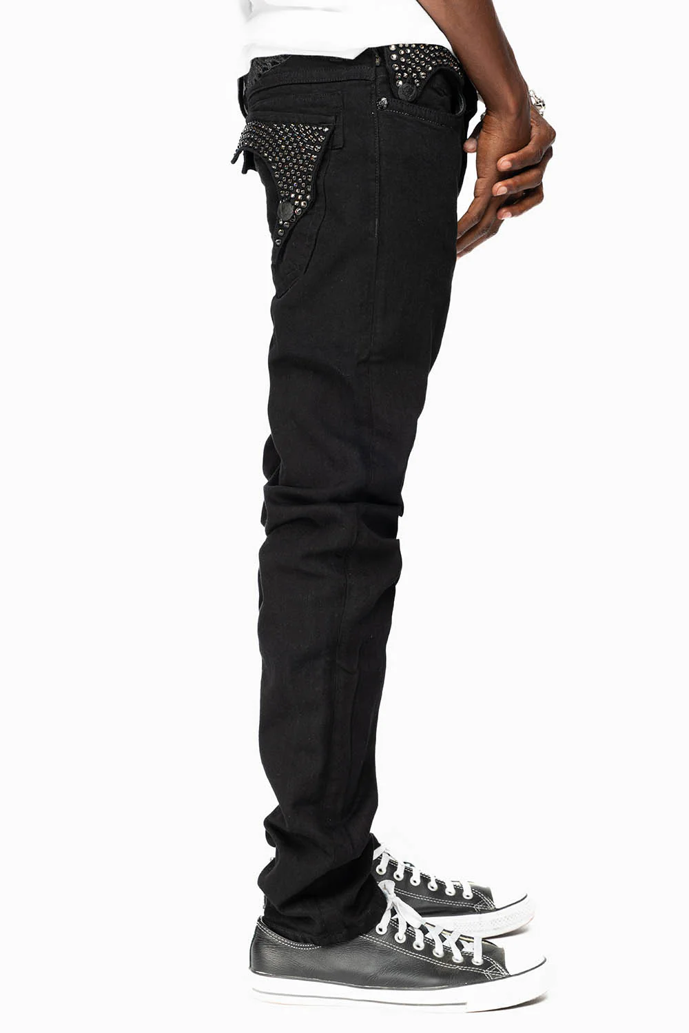 KILLER FLAP MENS SKINNY JEANS IN PURE BLACK FULLY EMBELLISHED WITH BLK DIAMOND CRYSTALS - Image 6