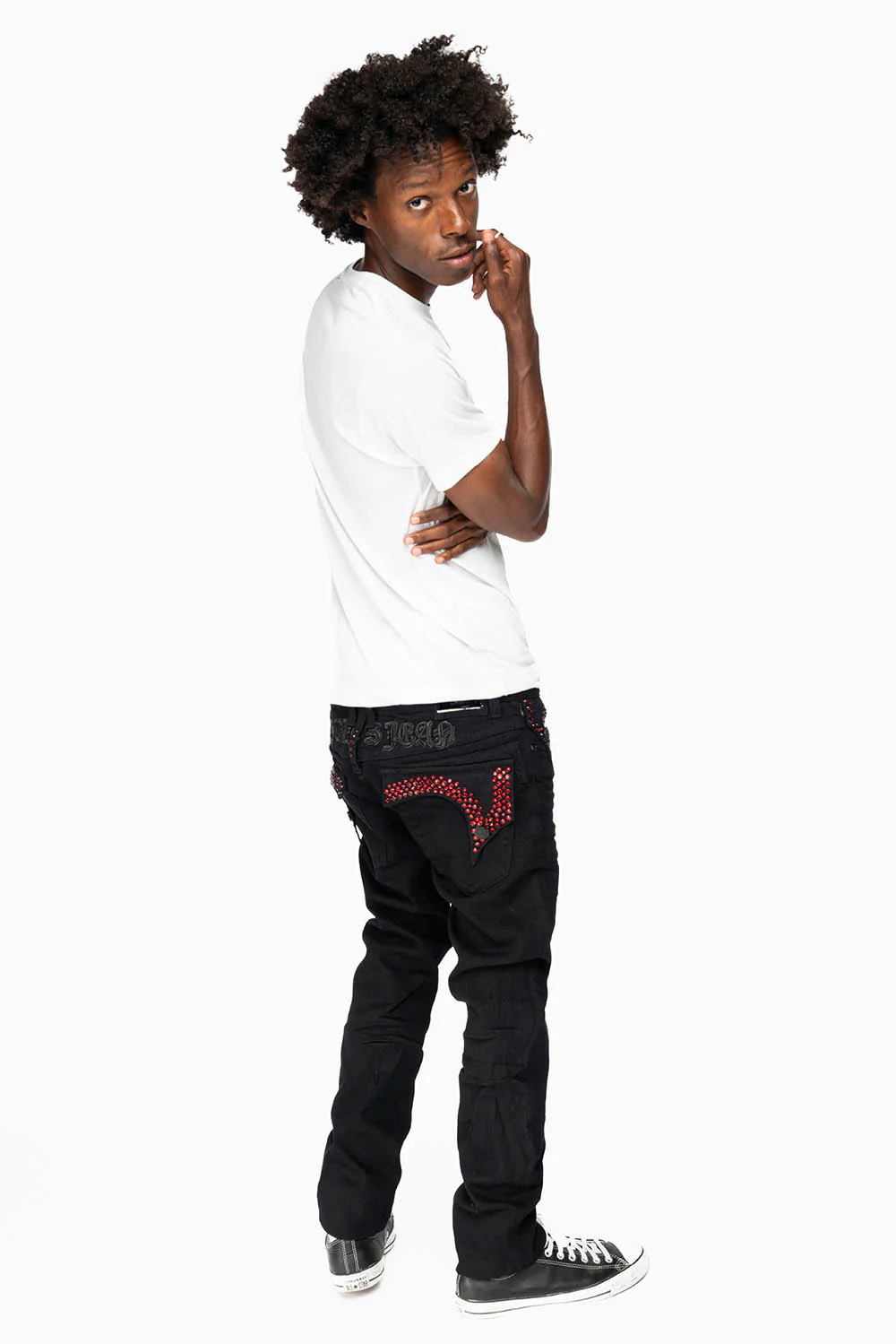 KILLER FLAP MENS SKINNY JEANS IN PURE BLACK EMBELLISHED WITH RED CRYSTALS - Image 4