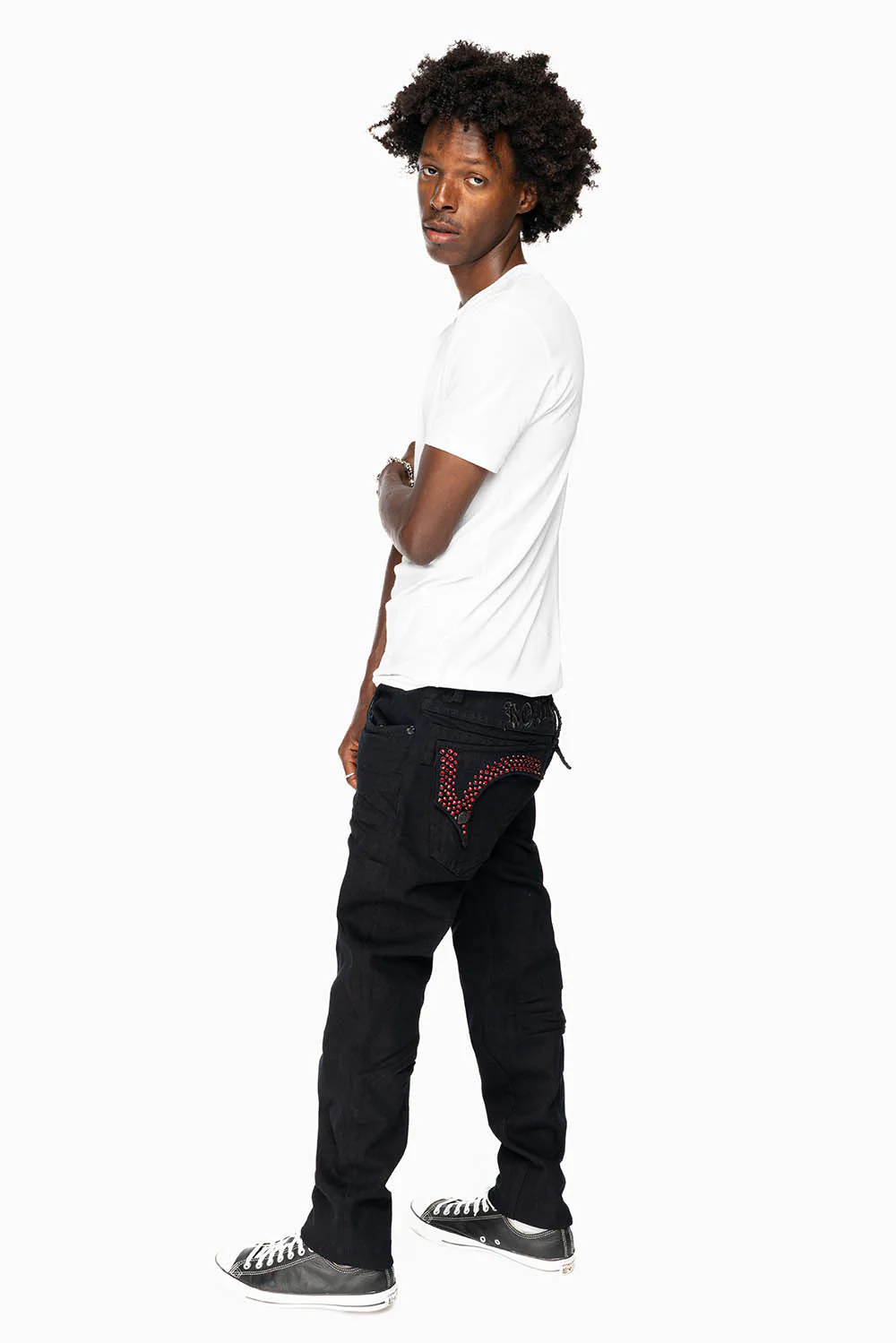 KILLER FLAP MENS SKINNY JEANS IN PURE BLACK EMBELLISHED WITH RED CRYSTALS - Image 5