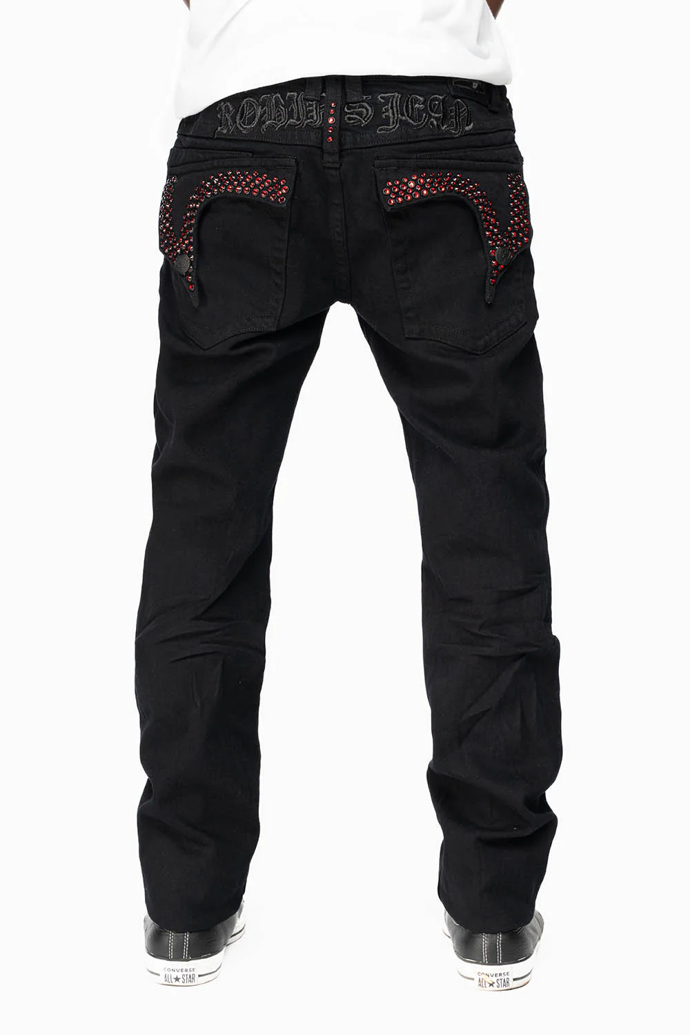 KILLER FLAP MENS SKINNY JEANS IN PURE BLACK EMBELLISHED WITH RED CRYSTALS - Image 6
