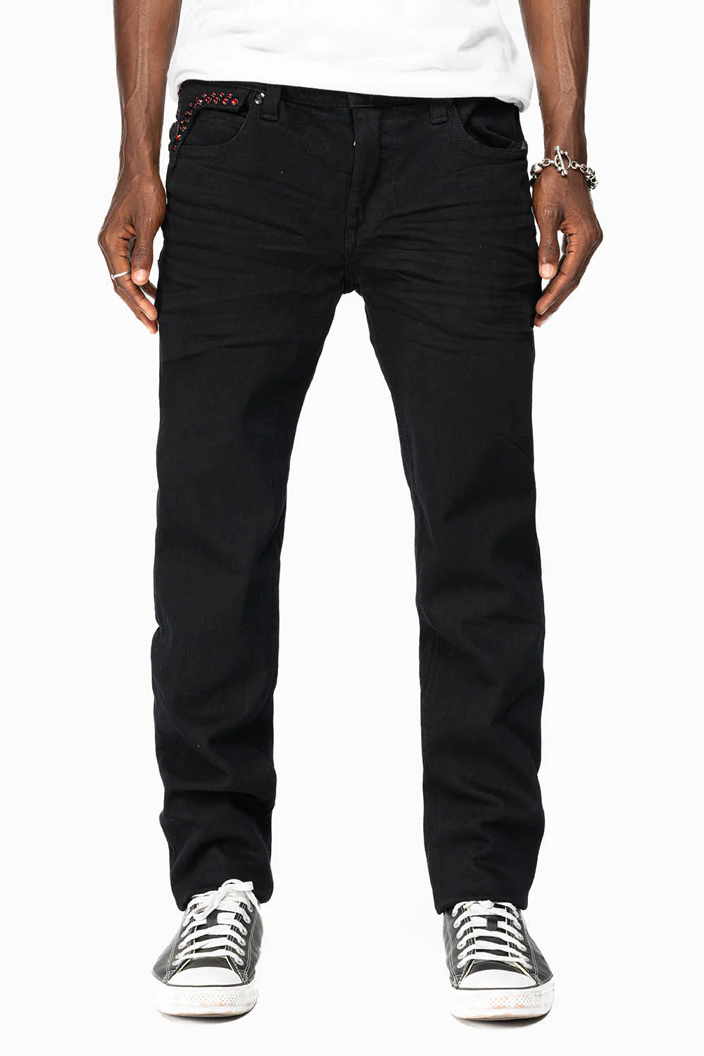 KILLER FLAP MENS SKINNY JEANS IN PURE BLACK EMBELLISHED WITH RED CRYSTALS - Image 8